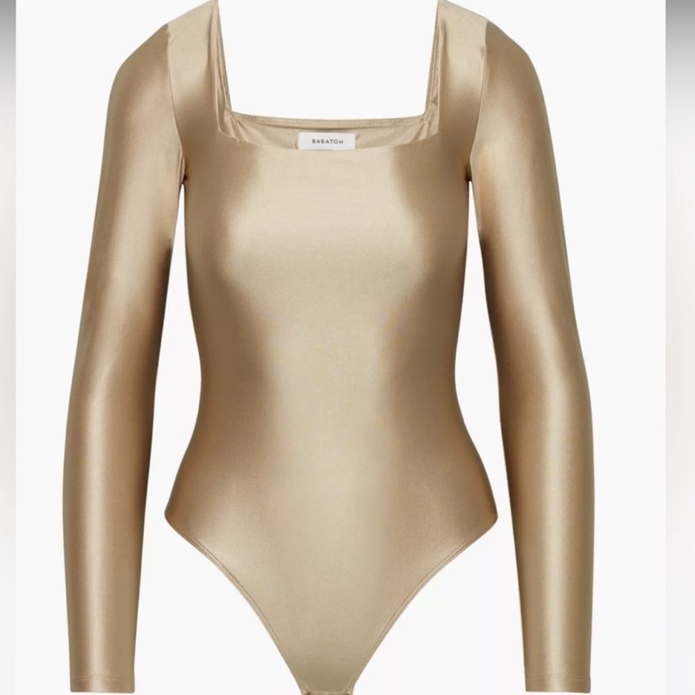 Aritzia Babaton Tan Long Sleeve Square Neck Satinette Bodysuit